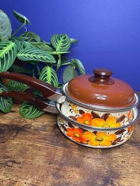 Vintage 70s Sanko Ware Japan Enamelware Orange Poppy Floral Pot and Pan Set